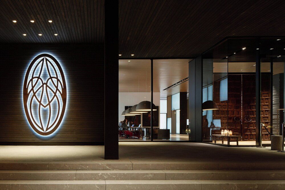 Modern hotel interior with the logo on the wall